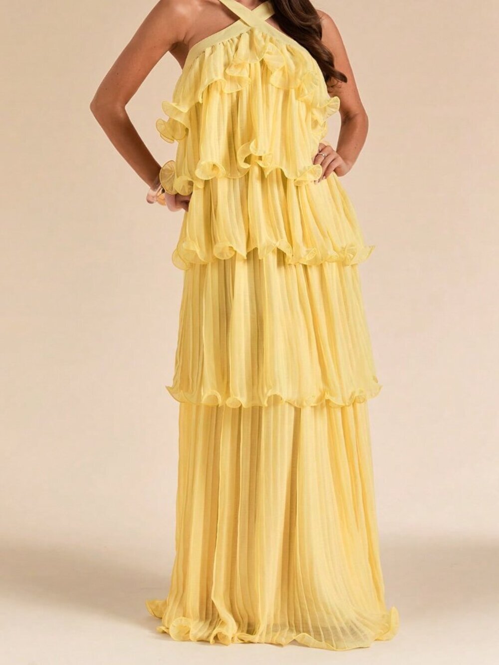 Light Yellow Sexy Women's Long Wide Ruffle Pleated Halter Neck Backless Dress - Picture 6 of 6